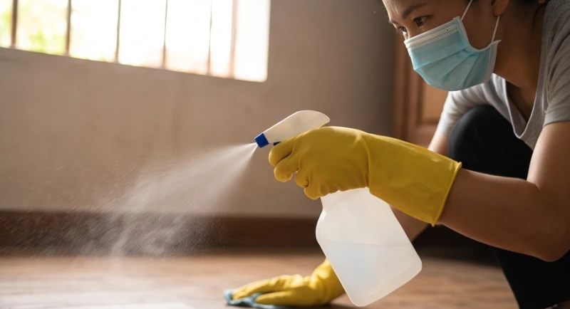 Chuột đẻ trong nhà là điềm gì: Luận hên xui và cách di dời nhân đạo 5 Nhân viên vệ sinh đeo khẩu trang và găng tay cao su đang xịt khuẩn cẩn thận lên bề mặt sàn nhà
