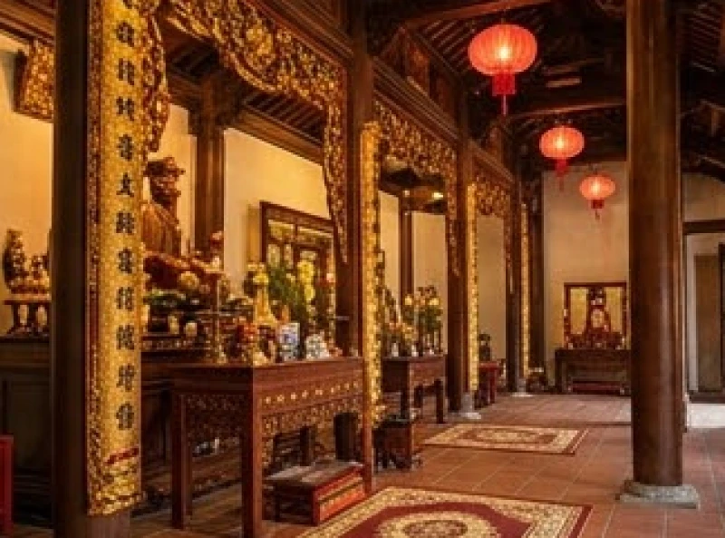 Bố cục gian thờ tại chùa với ban Đức Ông nằm trang trọng ở phía bên phải từ ngoài nhìn vào