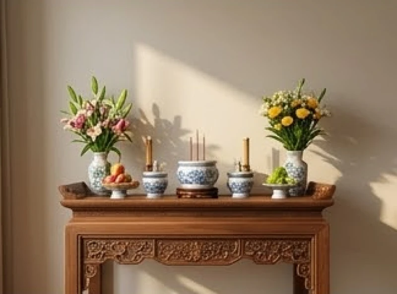 Bàn thờ gia tiên bằng gỗ tự nhiên đặt tựa lưng vào bức tường kiên cố ở nơi thanh tịnh