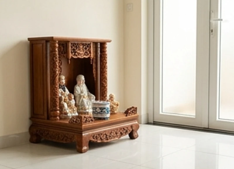 Góc thờ Thần Tài và Thổ Địa đặt sát mặt đất cạnh cửa chính đón ánh sáng tự nhiên