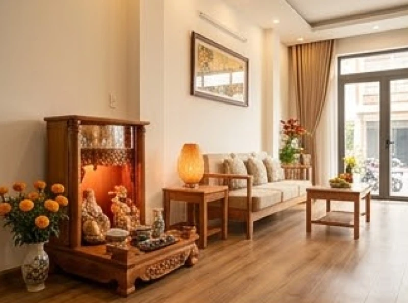 Cách bài trí bàn thờ Thần Tài cho tuổi Sửu: chuẩn hướng 5 nạp âm 1 Bàn thờ Thần Tài bằng gỗ đặt trang trọng ở góc nhà và hướng ra cửa chính để đón tài lộc