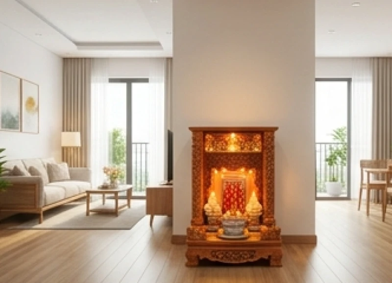 Bàn thờ Thần Tài đặt tại góc tụ khí 45 độ từ cửa chính để đón nhận tài lộc