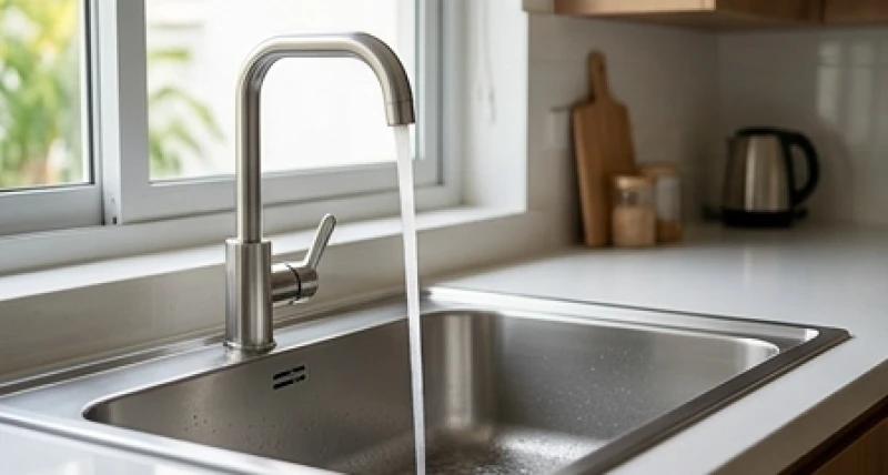 Bồn rửa chén bằng inox sáng bóng đặt cạnh cửa sổ, có vòi nước xả mạnh mẽ