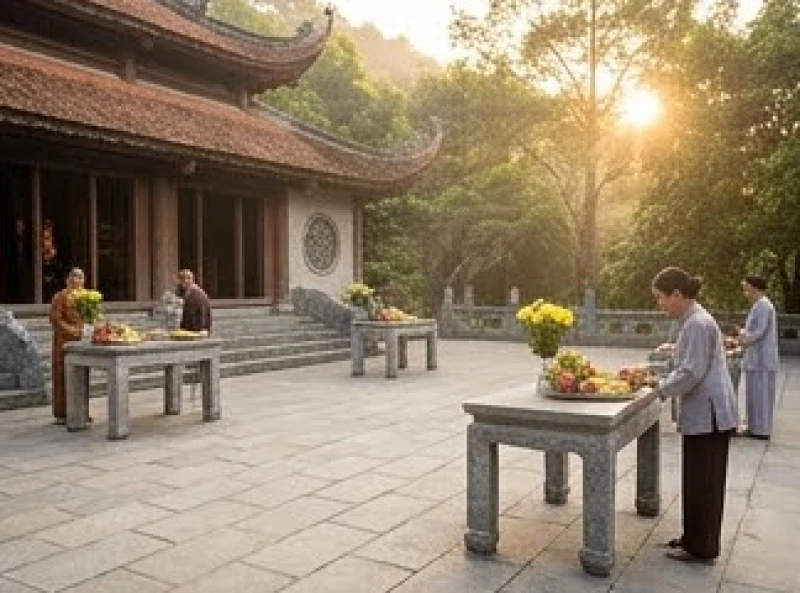 Các khu vực bàn đá vòng ngoài sân điện thờ được bố trí riêng biệt để người hành hương đặt mâm lễ mặn