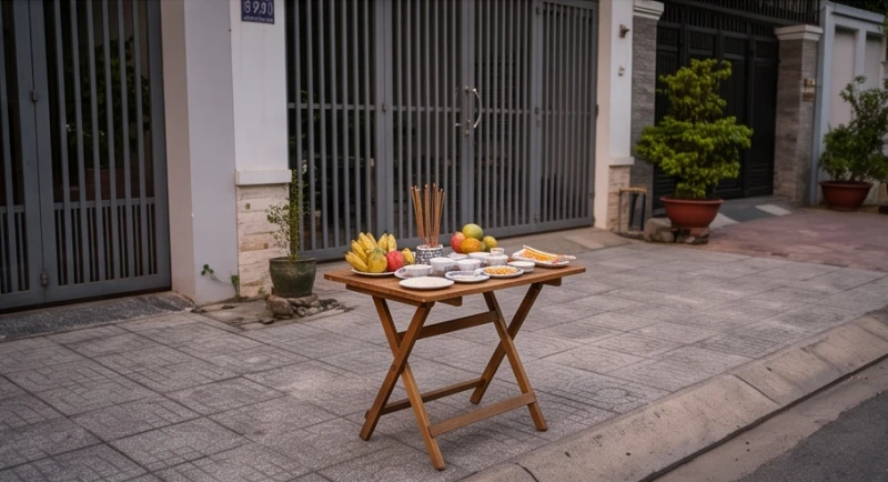 Bàn cúng được kê ngay ngắn trên vỉa hè, cách xa ngưỡng cửa chính của ngôi nhà tối thiểu 3 mét