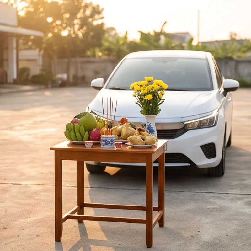 Bàn lễ vật được kê cao ngay ngắn, cách mũi xe ô tô khoảng hơn một mét trong khoảng sân rộng rãi