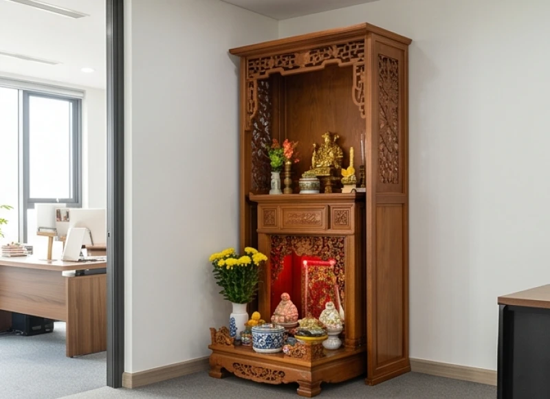 Bàn thờ Thần Tài bằng gỗ trang nghiêm đặt góc 45 độ so với cửa chính để thu hút tài lộc vào văn phòng