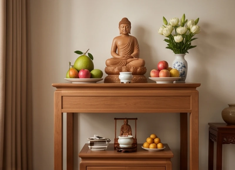 Văn khấn Phật tại nhà: Trọn bộ bài cúng chuẩn và quy tắc dâng lễ 2 Bàn thờ Phật được đặt ở vị trí cao nhất trong nhà, phía dưới là không gian thờ gia tiên