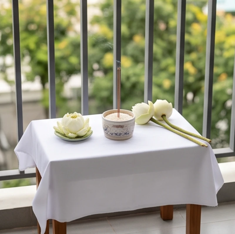 Bàn thờ tạm dành riêng cho thai nhi được lập ngoài ban công thoáng đãng, tách biệt với bàn thờ gia tiên.