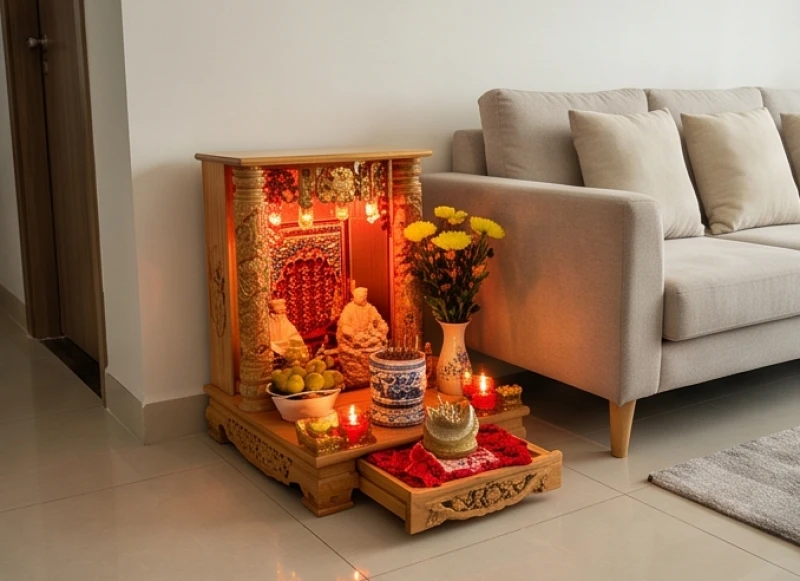 Hướng bàn thờ hợp tuổi Sửu: Phân biệt nam nữ & cung Lỗ Ban 5 Bàn thờ Thần Tài Thổ Địa đặt sát mặt đất ở góc chéo phòng khách để đón tài lộc