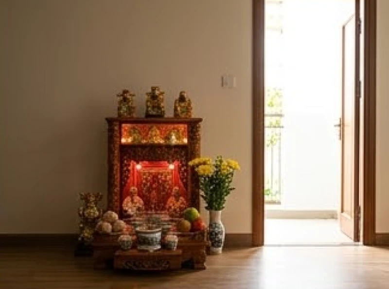 Cách bài trí bàn thờ Thần Tài cho tuổi Mão: sơ đồ chi tiết 2 Bàn thờ Thần Tài đặt tựa lưng vào vách tường kiên cố, hướng ra cửa chính