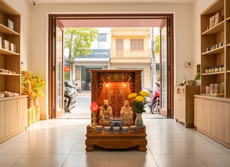 Không gian thờ cúng Thần Tài Thổ Địa được đặt sát mặt đất với tầm nhìn rộng mở bao quát toàn bộ cửa chính