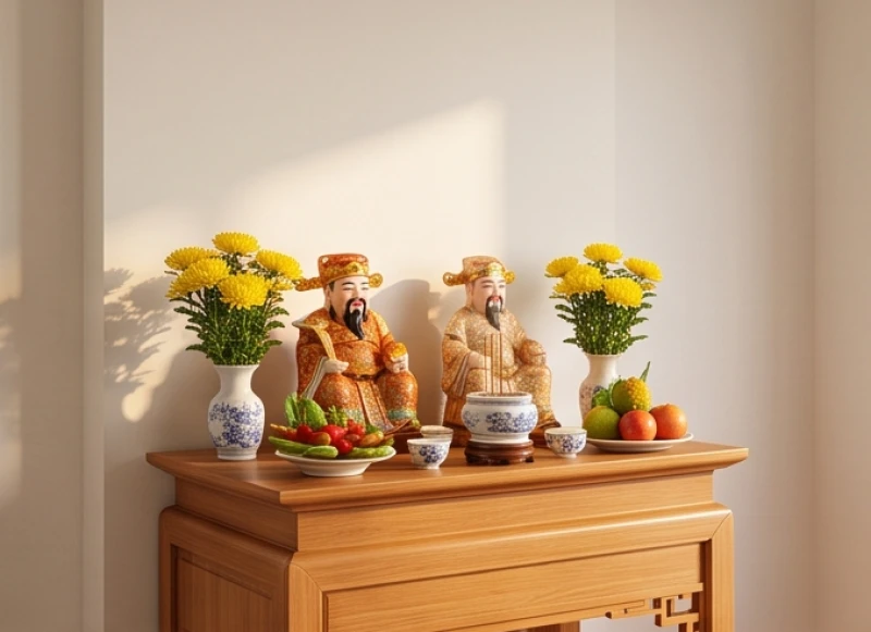 Lưng bàn thờ Thần Tài tựa vào bức tường đặc vững chãi, mặt trước hướng ra không gian minh đường rộng rãi