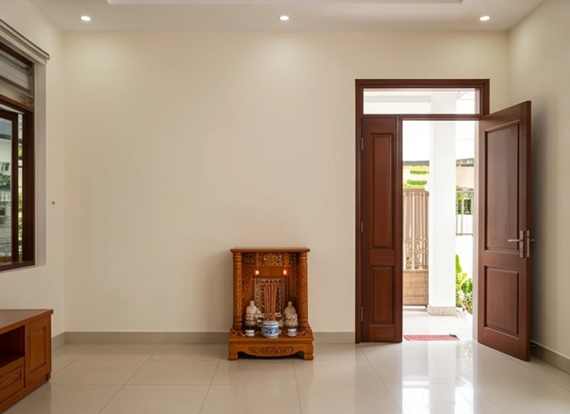 Bàn thờ Thần Tài bằng gỗ tự nhiên được đặt trang trọng dưới mặt đất và hướng mặt thẳng ra cửa chính ngôi nhà