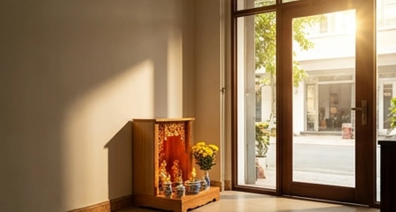 Bàn thờ Thần Tài đặt sát mặt đất ở góc vuông vức hướng thẳng ra cửa chính của cửa hàng buôn bán