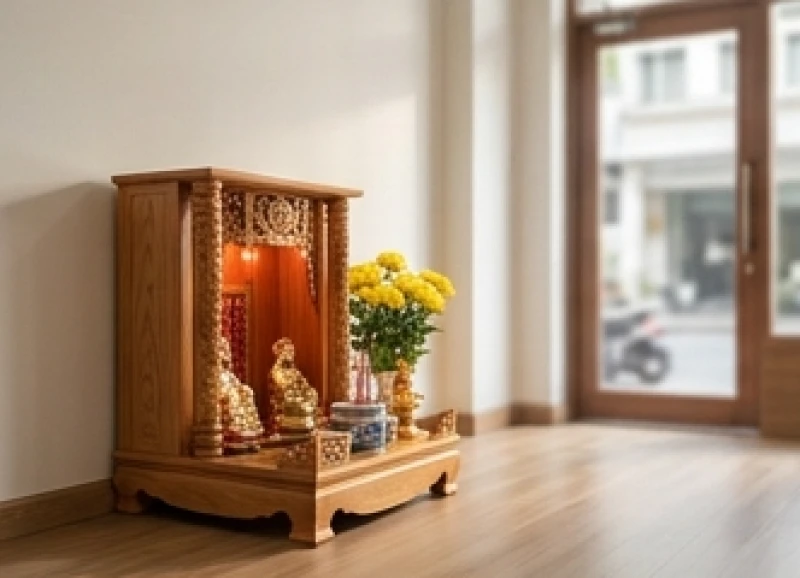 Bàn thờ Thần Tài được đặt dựa lưng vào bức tường vững chãi hướng ra cửa chính để đón luồng sinh khí