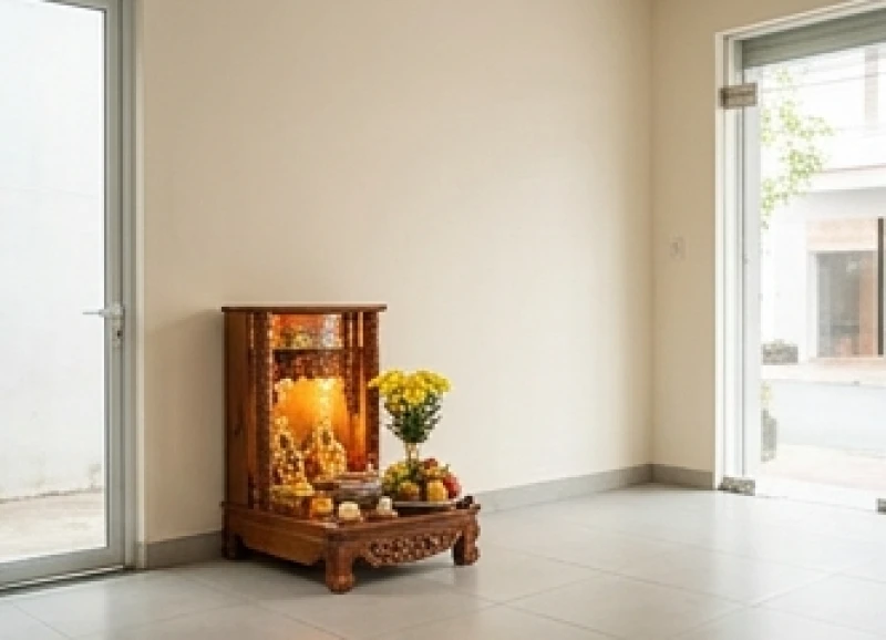 Văn khấn cầu tài lộc tại cửa hàng: Trình tự cúng và mâm lễ chuẩn 2 Bàn thờ Thần Tài tựa lưng vào bức tường vững chãi và hướng mặt ra lối đi chính của cửa hàng để đón khách