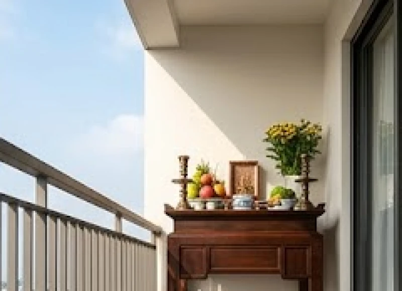 Bàn thờ thiên được bố trí khéo léo tại góc ban công rộng rãi đón ánh sáng mặt trời tự nhiên