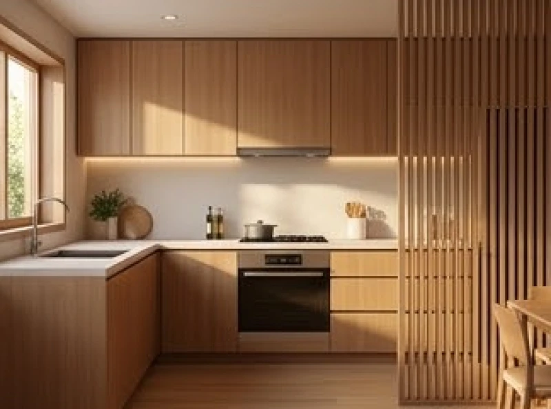 Góc bếp nhỏ gọn với tông màu ấm áp được bố trí tách biệt hoàn toàn với phòng ngủ