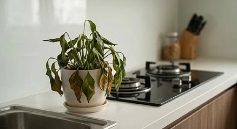 Chậu cây nhỏ đặt ngay cạnh bếp ga đun nấu bị ám khói dầu mỡ khiến lá khô mép và bám nhiều bụi bẩn