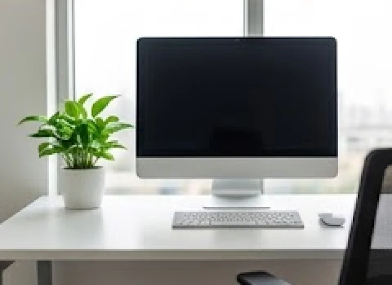 Góc làm việc nhìn từ phía trước với chậu cây xanh được bố trí ở phía bên tay trái màn hình máy tính để đón luồng sinh khí