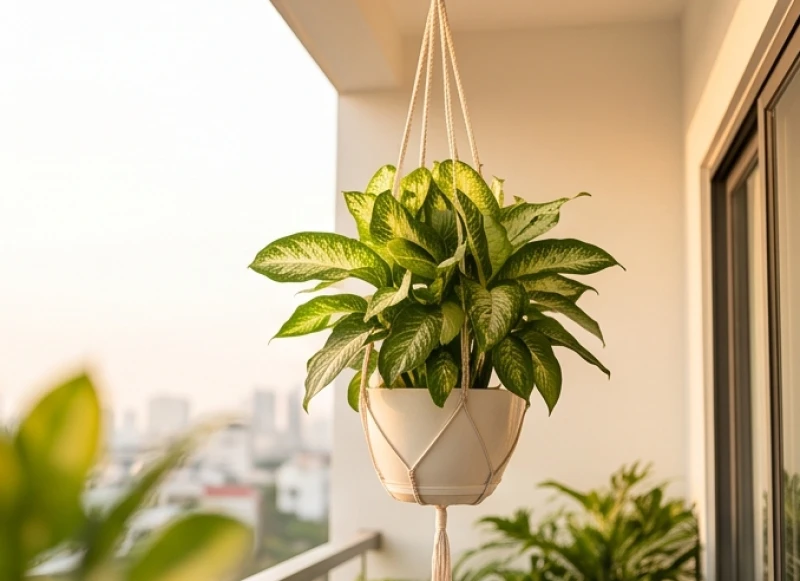 Chậu cây vạn niên thanh được treo trên cao ngoài ban công để đảm bảo an toàn tuyệt đối cho trẻ nhỏ và thú cưng