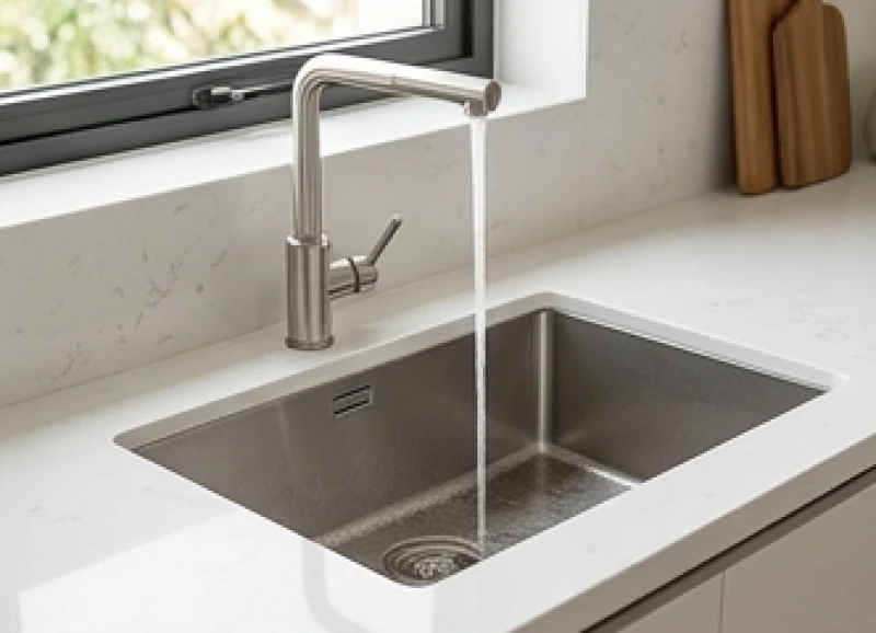 Chậu rửa bát inox cao cấp được đặt gọn gàng để dẫn dòng nước thải xả đi mọi tai ương tà khí