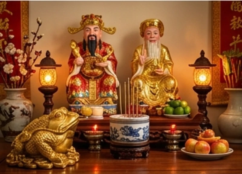 Bố trí tượng thiềm thừ phong thủy tuổi thân ở góc phía trước bàn thờ Thần Tài Thổ Địa hướng vào trong