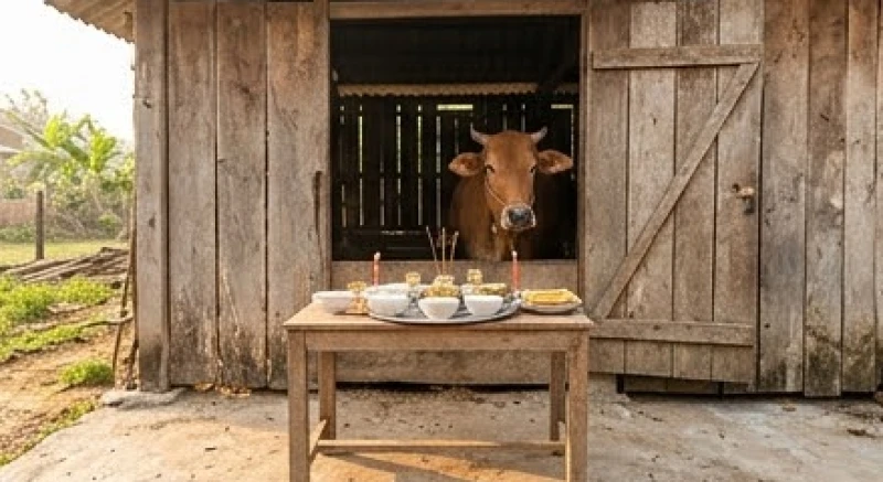 Văn khấn cúng chuồng bò chuẩn và cách đặt mâm lễ đầu năm 4 Bàn cúng được kê vững chãi ngay phía ngoài cửa chuồng bò với khoảng cách an toàn để tránh khói nhang bay vào mắt vật nuôi