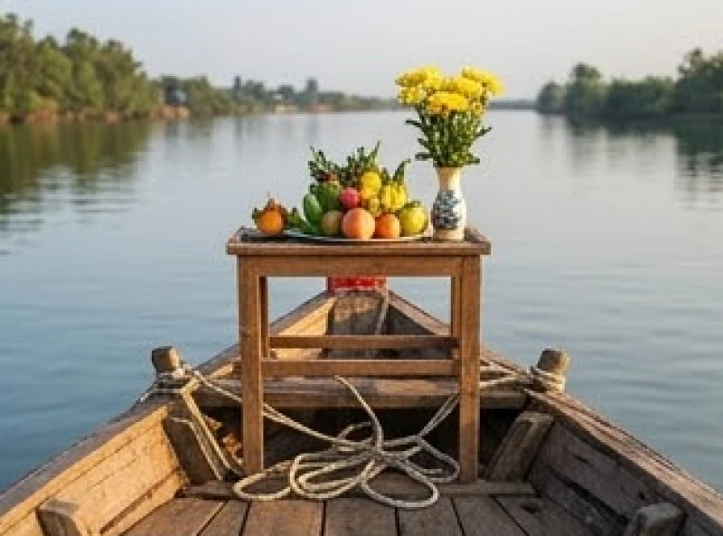 Bàn lễ tâm linh kê cao ráo và vững chãi tại mũi con tàu gỗ để nghinh đón tài lộc từ bốn phương