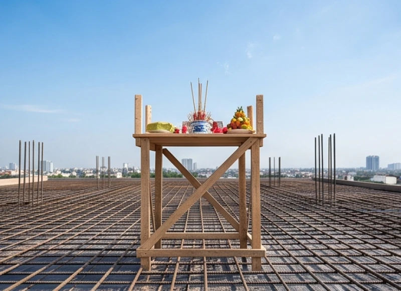 Bàn thờ cúng thượng lương được kê lót chắc chắn và an toàn trên mặt sàn bê tông cốt thép