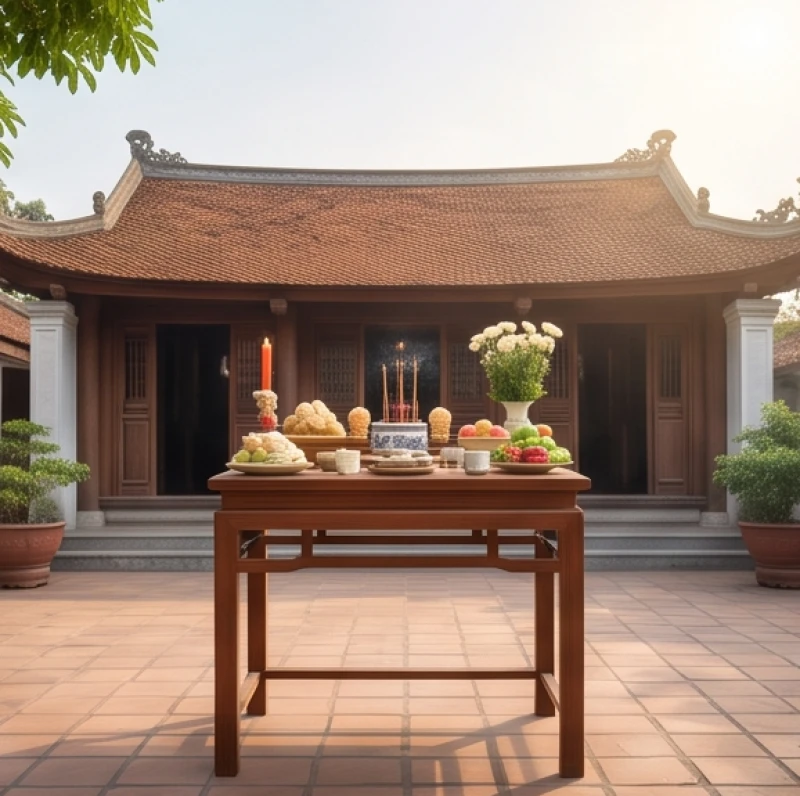 Văn khấn ngoài trời ngày rằm: Bài cúng chuẩn, vị trí và hướng lạy 5 Bàn lễ bằng gỗ được đặt trang trọng ngay chính giữa khoảng sân rộng đón nhiều ánh sáng tự nhiên vào buổi sáng