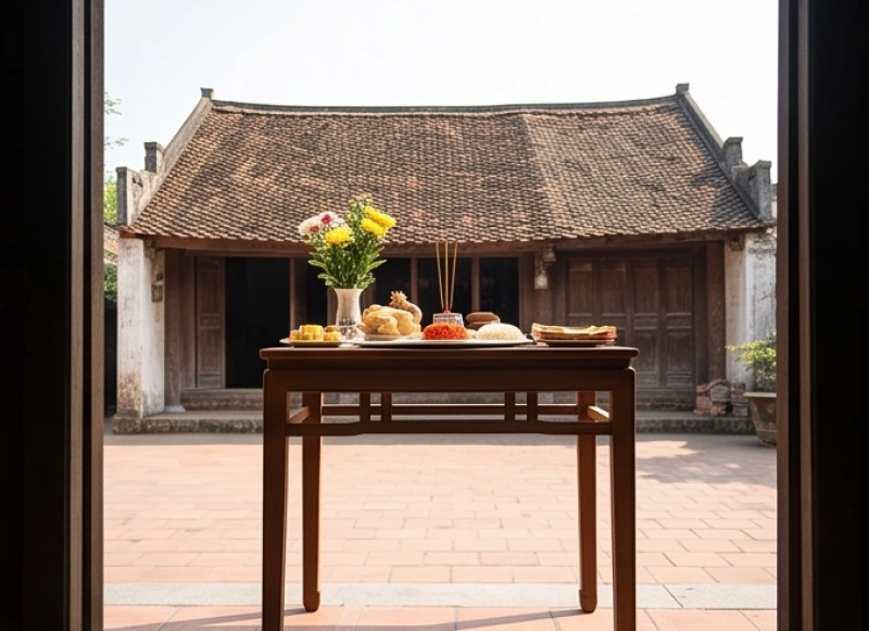Bàn cúng được kê cao, đặt hướng ra phía ngoài cửa chính để đón thần linh chứng giám