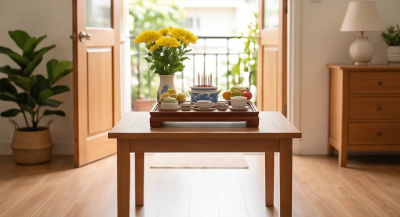 Mâm cúng tạ đất được kê cao trên bàn nhỏ tại phòng khách, hướng thẳng ra cửa chính để đón vượng khí