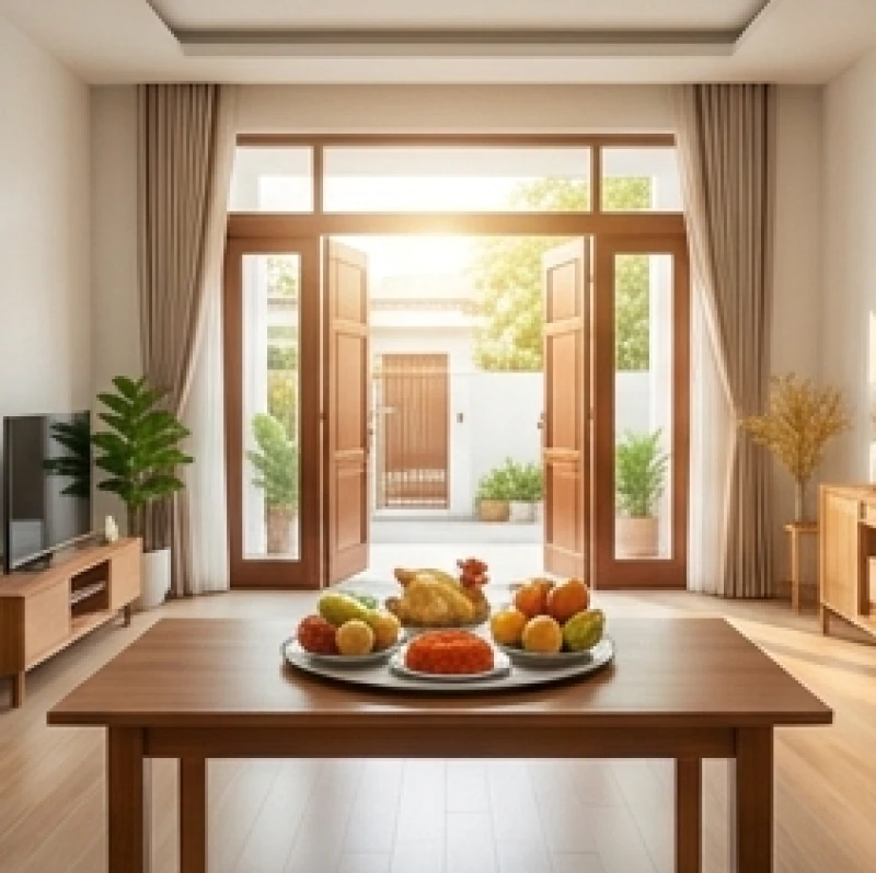 Mâm lễ cúng tạ đất được kê cao trang trọng ở chính giữa phòng khách của căn nhà mới
