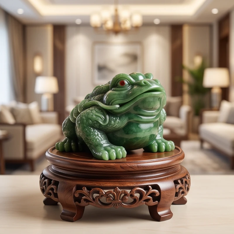 Thiềm thừ phong thủy tuổi Tý: Tra cứu ngũ hành và hướng bài trí 12 Tượng thiềm thừ được tôn trí trang trọng trên một chiếc đôn bằng gỗ cao cấp cách ly khỏi mặt đất