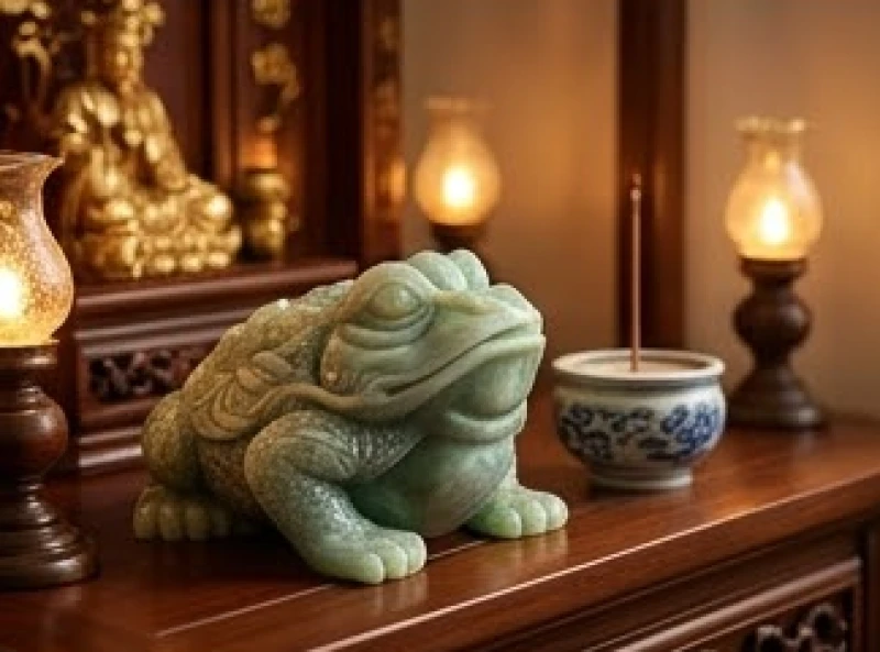 Thiềm thừ phong thủy tuổi Ngọ: màu sắc và phương vị an vị 8 Tượng thiềm thừ xếp ở hai bên mép khay nước trên ban thờ Thần Tài Thổ Địa với mặt hướng nhẹ vào tâm