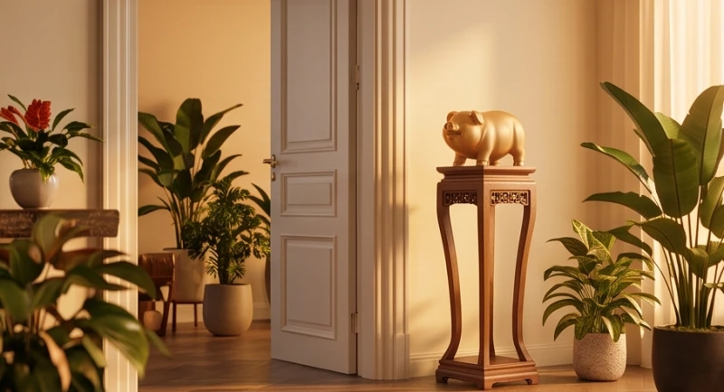 Tượng heo phong thủy an vị tại góc chéo 45 độ so với cửa chính để thu hút tài lộc