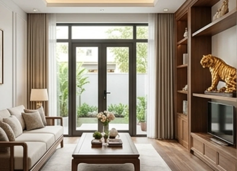 Tượng hổ phong thủy an vị tại phương Bạch Hổ trên kệ cao trong không gian phòng khách trang nhã