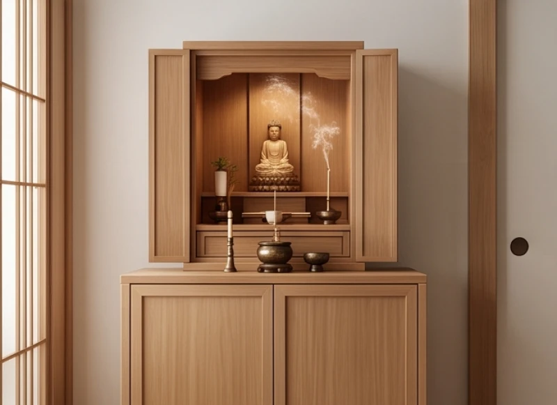 Khu vực thờ tự thanh tịnh với vách tường đặc vững chãi phía sau và hướng nhìn ra khoảng không gian sáng sủa