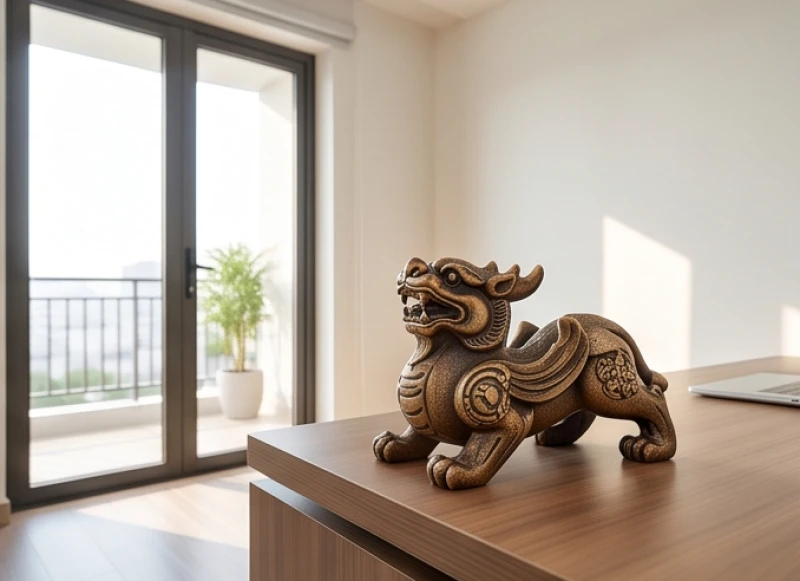 Tỳ hưu phong thủy được đặt chếch góc 45 độ trên bàn làm việc và hướng mặt thẳng ra cửa chính