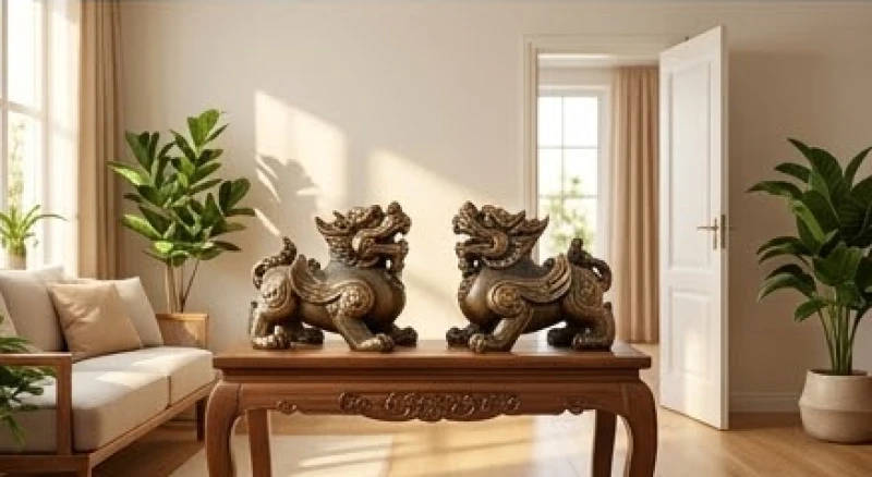 Linh vật phong thủy tuổi Hợi: kích thước và cách khai quang 6 Đặt tượng Tỳ Hưu phong thủy hướng ra cửa chính tại góc tài vị trong không gian phòng khách hiện đại