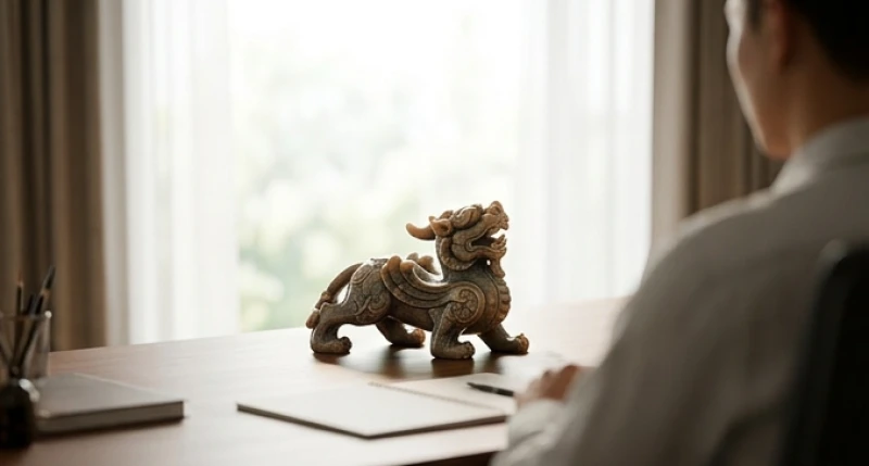 Tượng Tỳ Hưu đặt ở góc chéo 45 độ trên bàn làm việc và hướng mặt thẳng ra ngoài cửa sổ sáng sủa