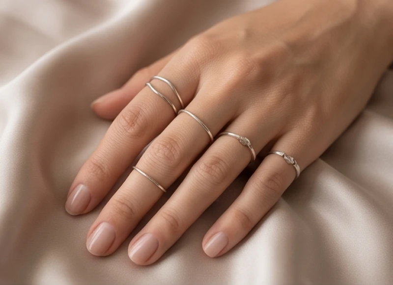 Mất nhẫn bạc là điềm gì: Giải mã theo ngón tay và mẹo tìm 3 Bàn tay thon gọn đeo nhiều nhẫn bạc ở các ngón tay khác nhau thể hiện ý nghĩa phong thủy đa dạng