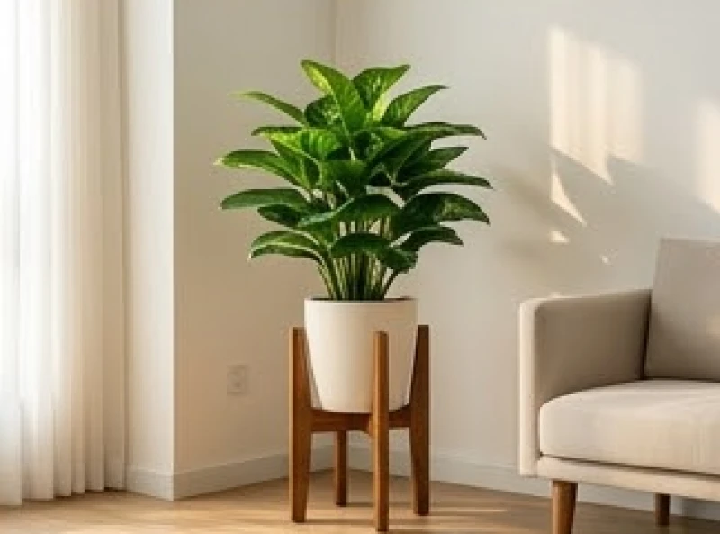 Vị trí góc chéo lý tưởng trong phòng khách được bố trí một chậu cây cảnh đặt trên đôn gỗ vững chãi