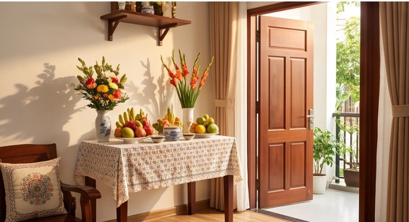 Bàn cúng vía Bà Bổn Mạng được lập trang trọng bên trong phòng khách, hướng thẳng ra cửa chính