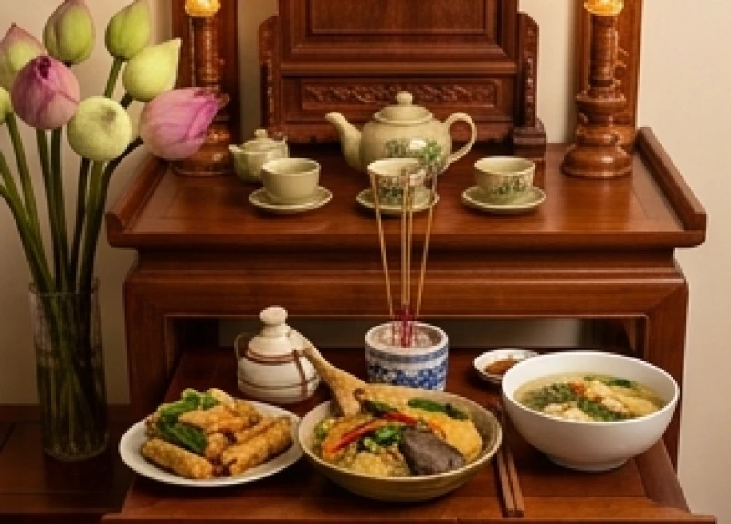 Sơ đồ bố trí các mâm cúng ngày rằm tháng bảy với mâm Phật ở trên cùng và mâm gia tiên ở bậc thấp hơn