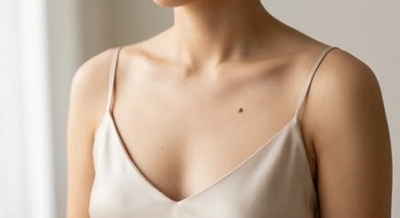 Nốt ruồi nhỏ duyên dáng nằm sát vùng xương quai xanh và khe ngực thể hiện nét quyến rũ tự nhiên của phái đẹp
