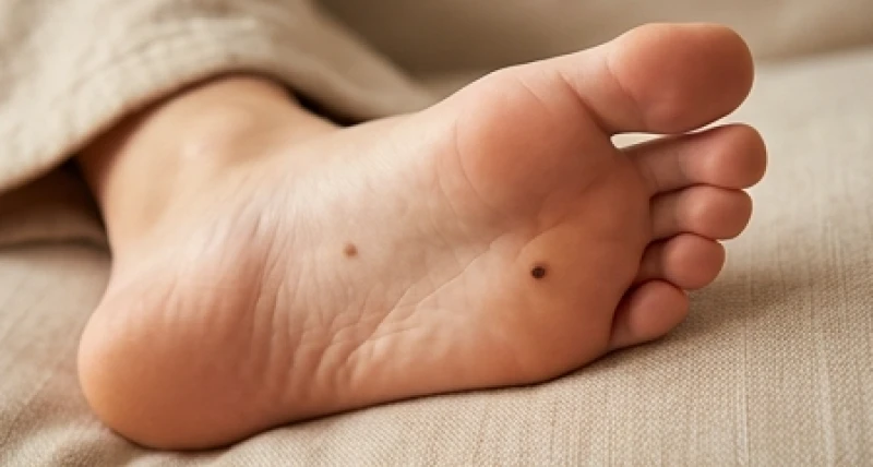 Nốt ruồi ở chân khu vực lòng bàn chân hiện lên rõ nét dưới ánh sáng tự nhiên cho thấy tài lộc