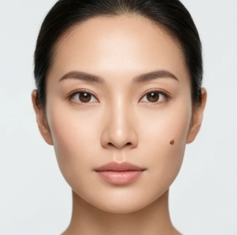 Gương mặt người phụ nữ với nốt ruồi ở má gần tai đại diện cho sự điềm đạm
